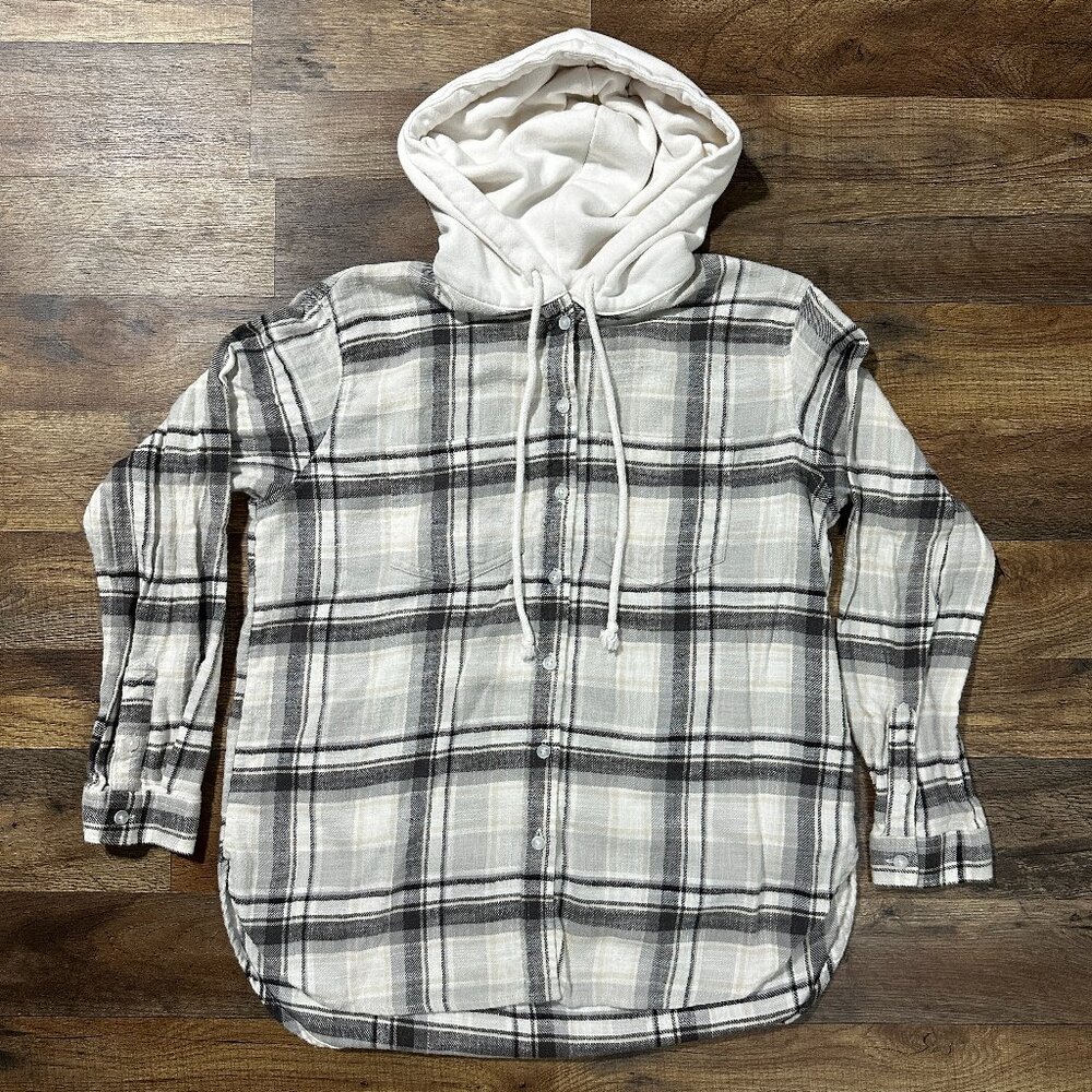 American Eagle Womens Hooded Plaid Button Up Shirt Cream Grey XS